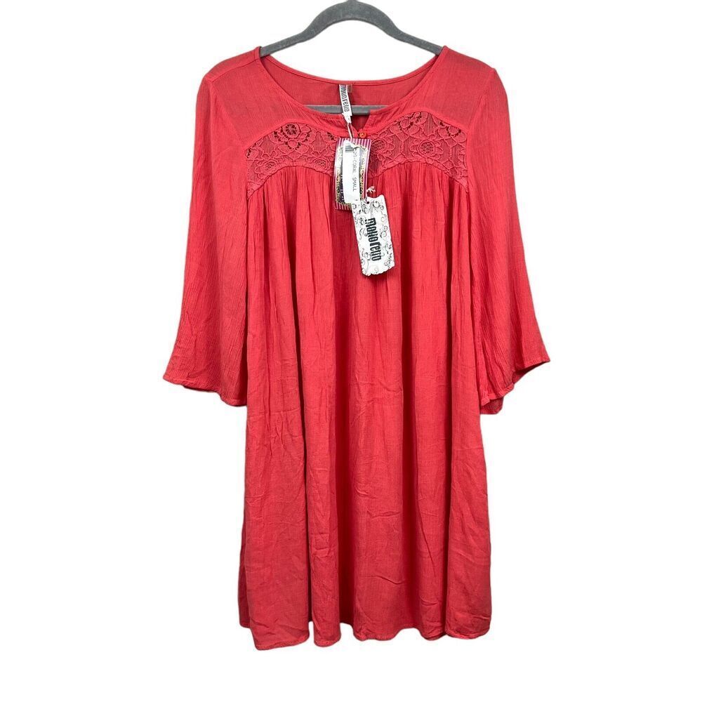 Monoreno Tunic Dress Lace Trim Coral Flare 3/4 Sleeve Coral Women Size Small*
